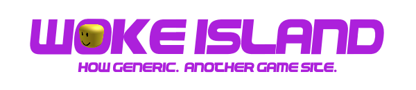 Big purple text that reads 'WokeIsland', the 'O' replaced with a Robloxian noob head. Smaller purple text underneath reading 'How generic. Another game site.'