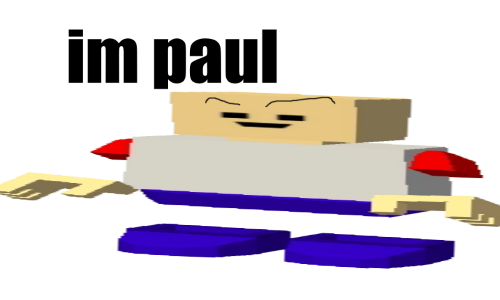a smiling Blockland default blockhead character with contoured eyebrows, with Impact font text in the top right reading 'im paul'